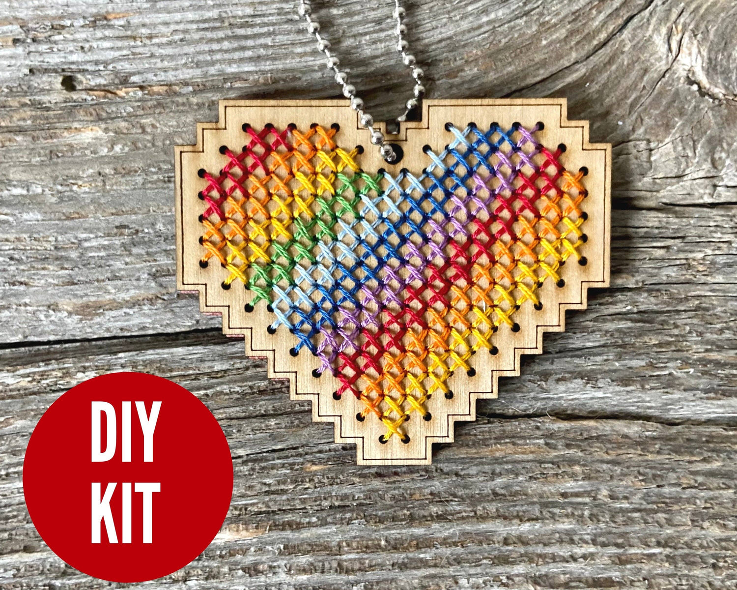 Canadian Stitchery - Rainbow heart DIY laser cut wood cross stitch kit