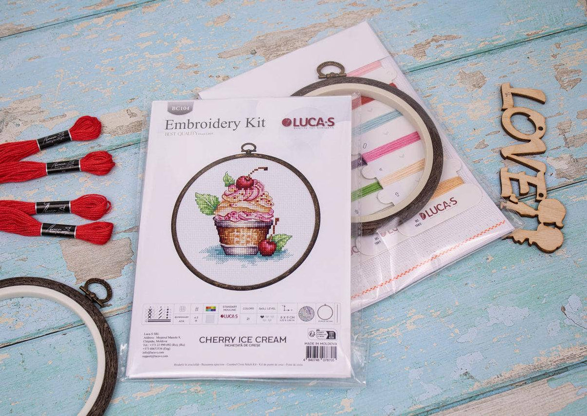 Luca-S Group - Cross Stitch Kit with Hoop Included Luca-S - Cherry Ice Cream, BC104