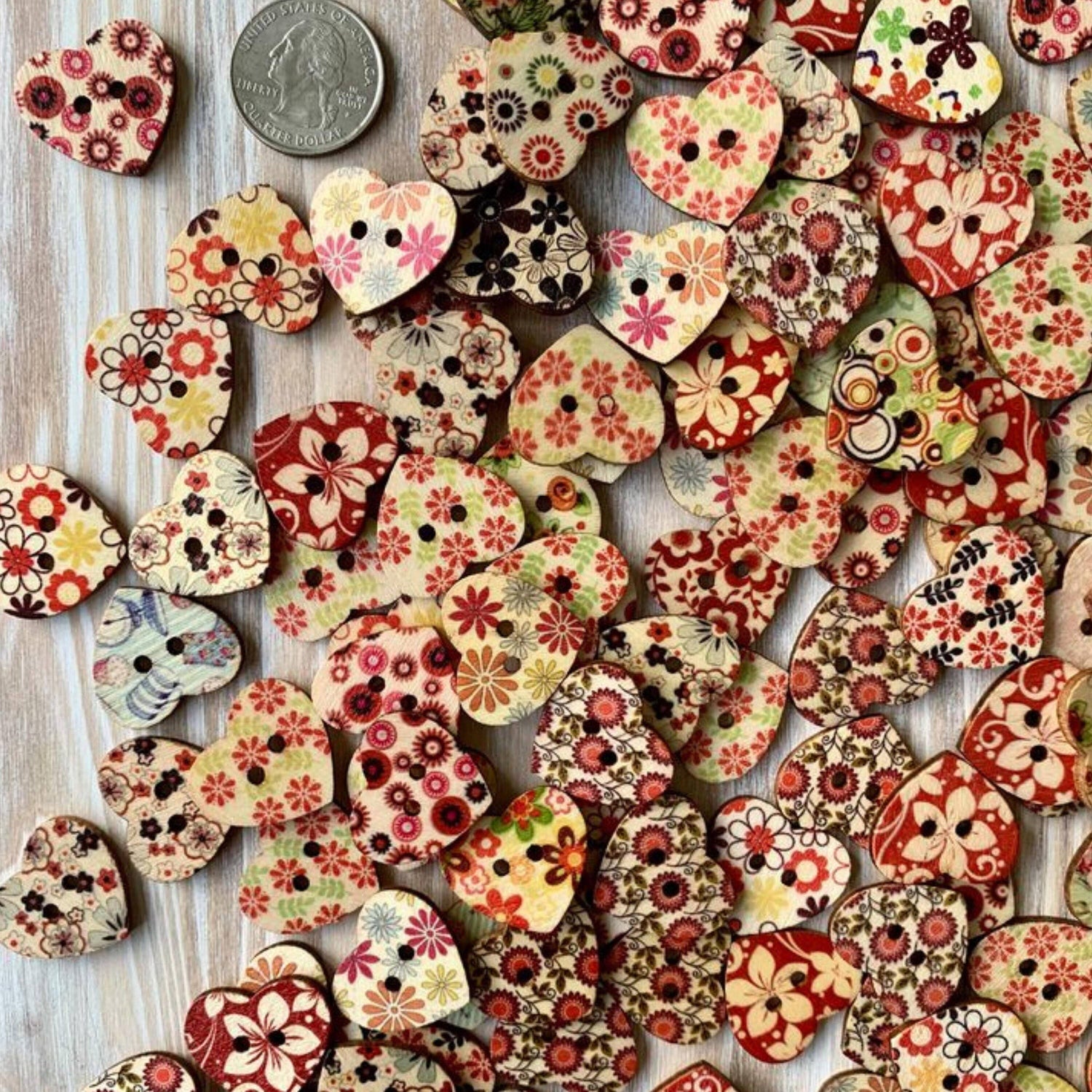 Magnifique Hearts - Wooden Heart Buttons, 1 Inch, Heart Buttons, Assorted Styles