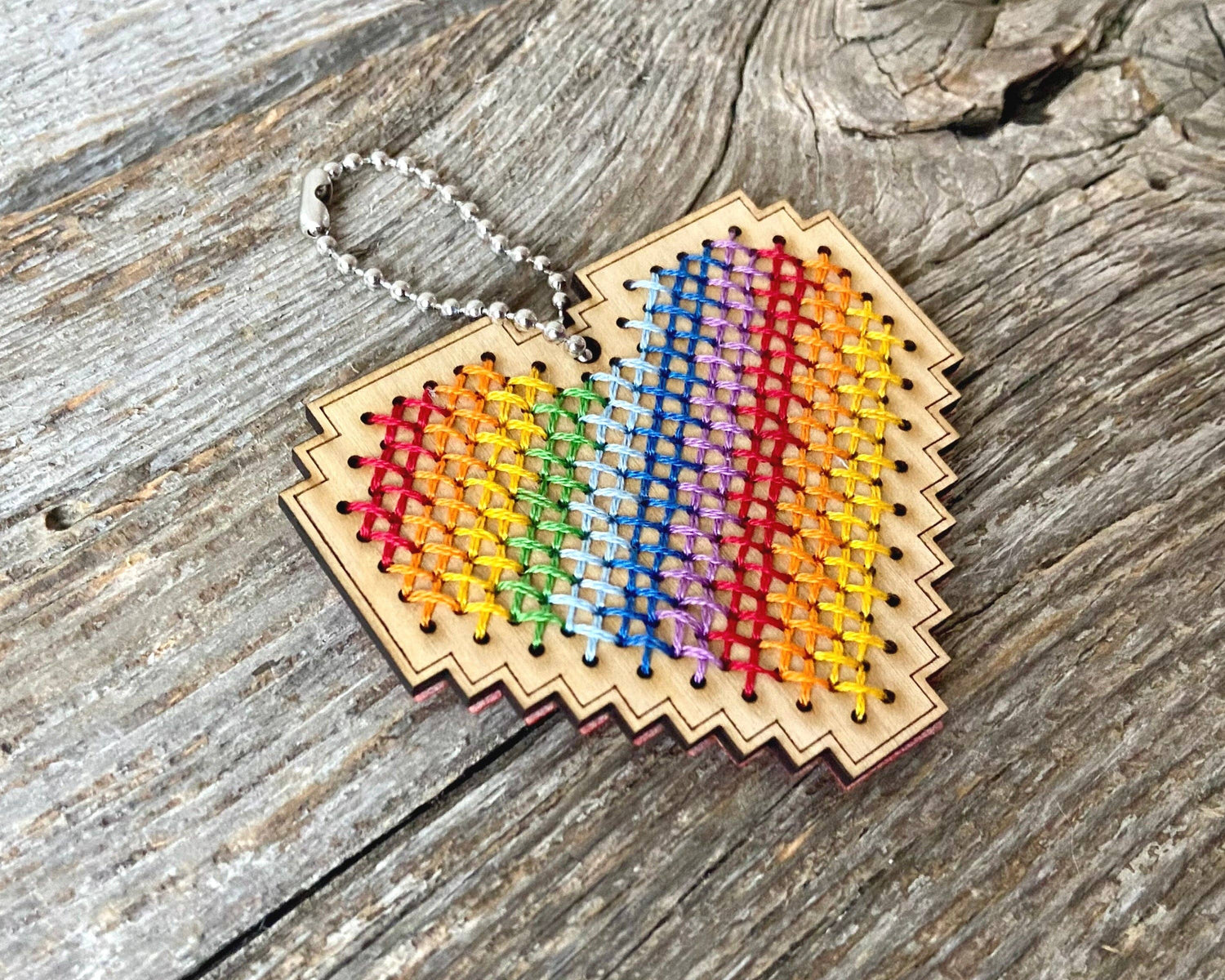 Canadian Stitchery - Rainbow heart DIY laser cut wood cross stitch kit