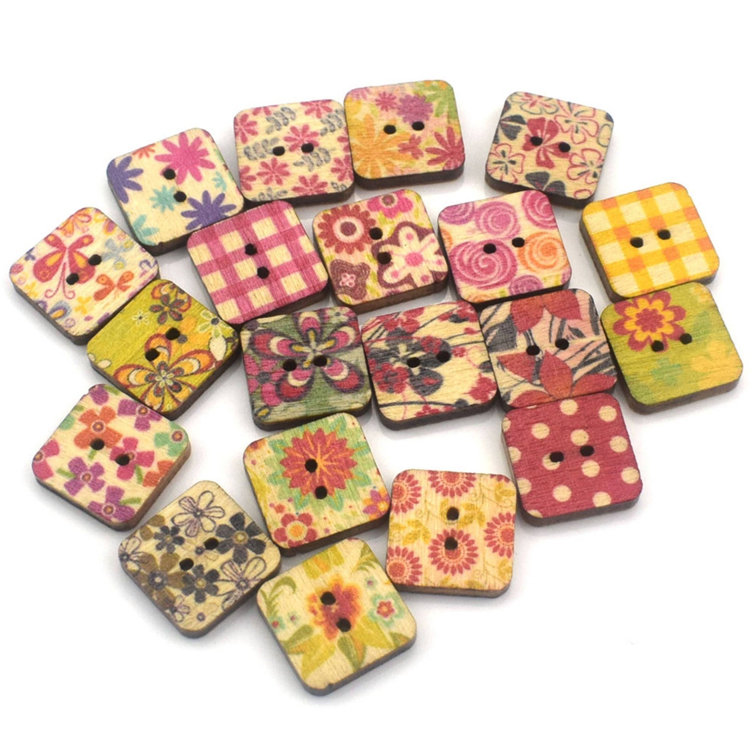 Magnifique Hearts - Mix Of Colorful Square Buttons, Wooden Square Floral Buttons