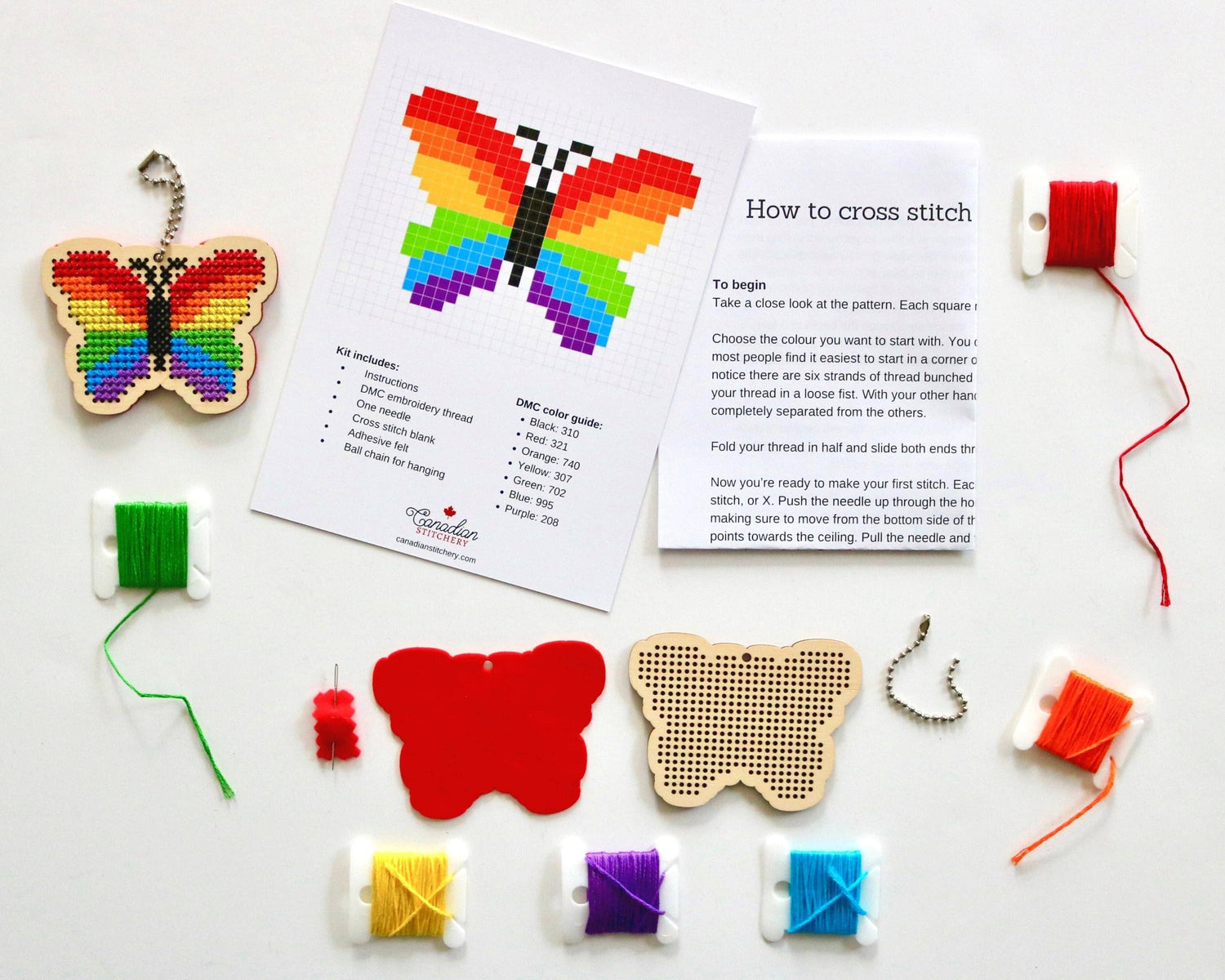 Canadian Stitchery - Rainbow butterfly laser cut wood cross stitch kit
