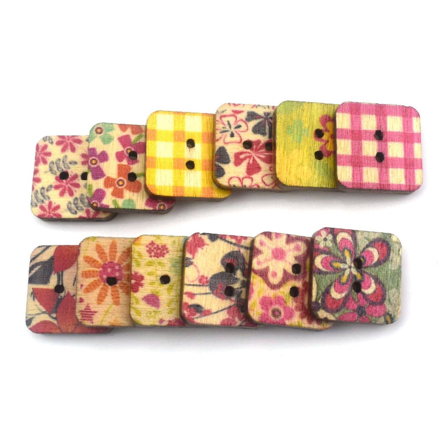 Magnifique Hearts - Mix Of Colorful Square Buttons, Wooden Square Floral Buttons