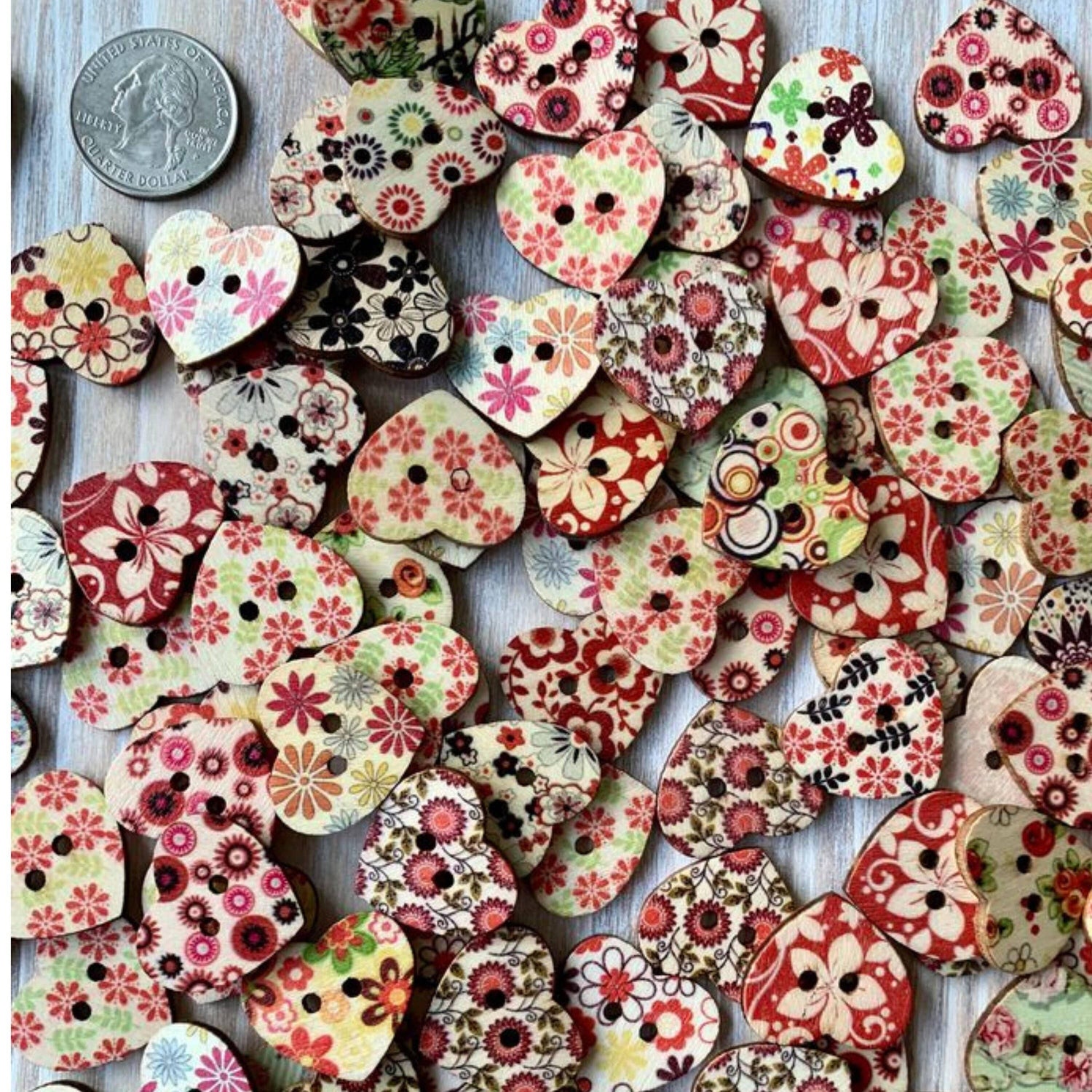 Magnifique Hearts - Wooden Heart Buttons, 1 Inch, Heart Buttons, Assorted Styles