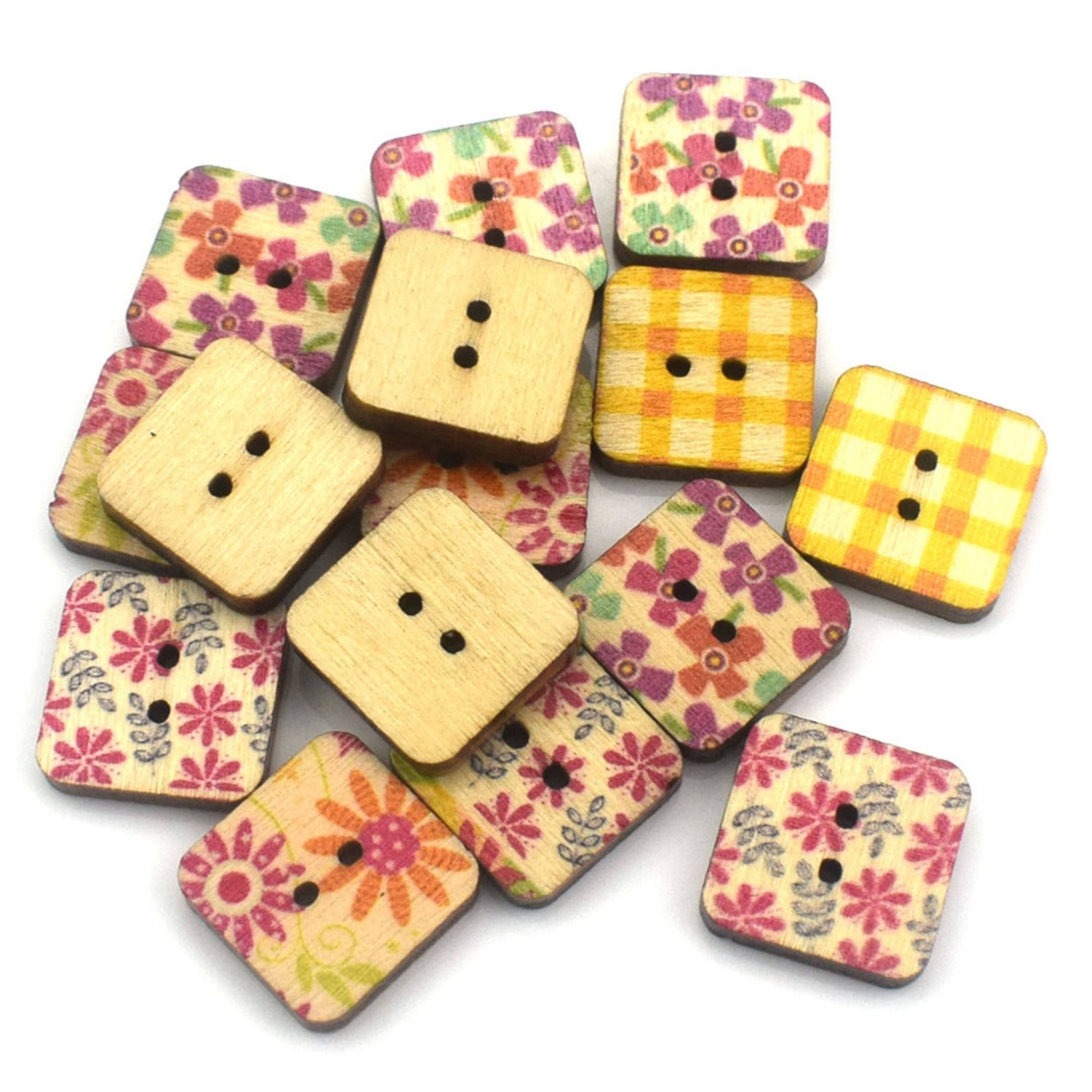 Magnifique Hearts - Mix Of Colorful Square Buttons, Wooden Square Floral Buttons